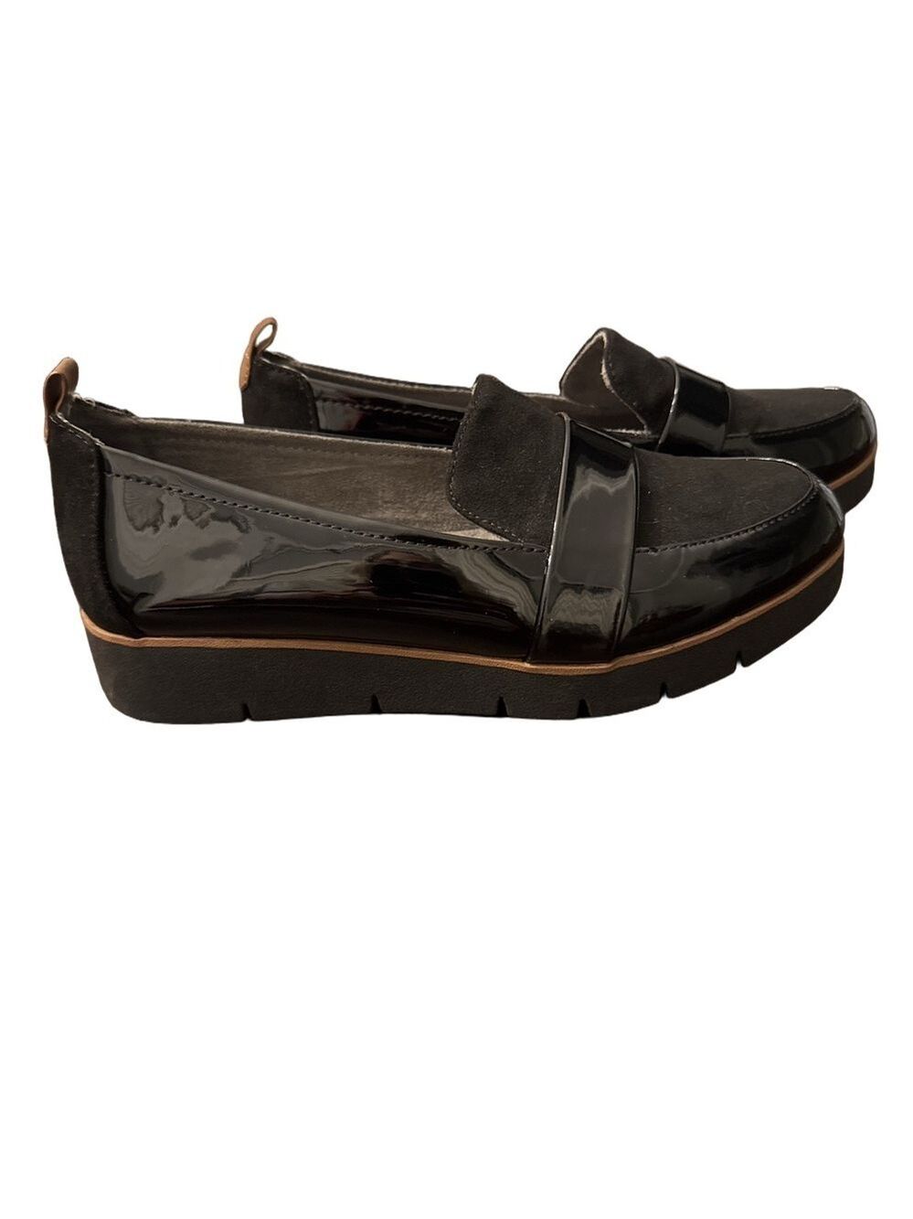 Women's Dr. Scholl's Webster Black Patent Platform Loafers with Wide Strap.